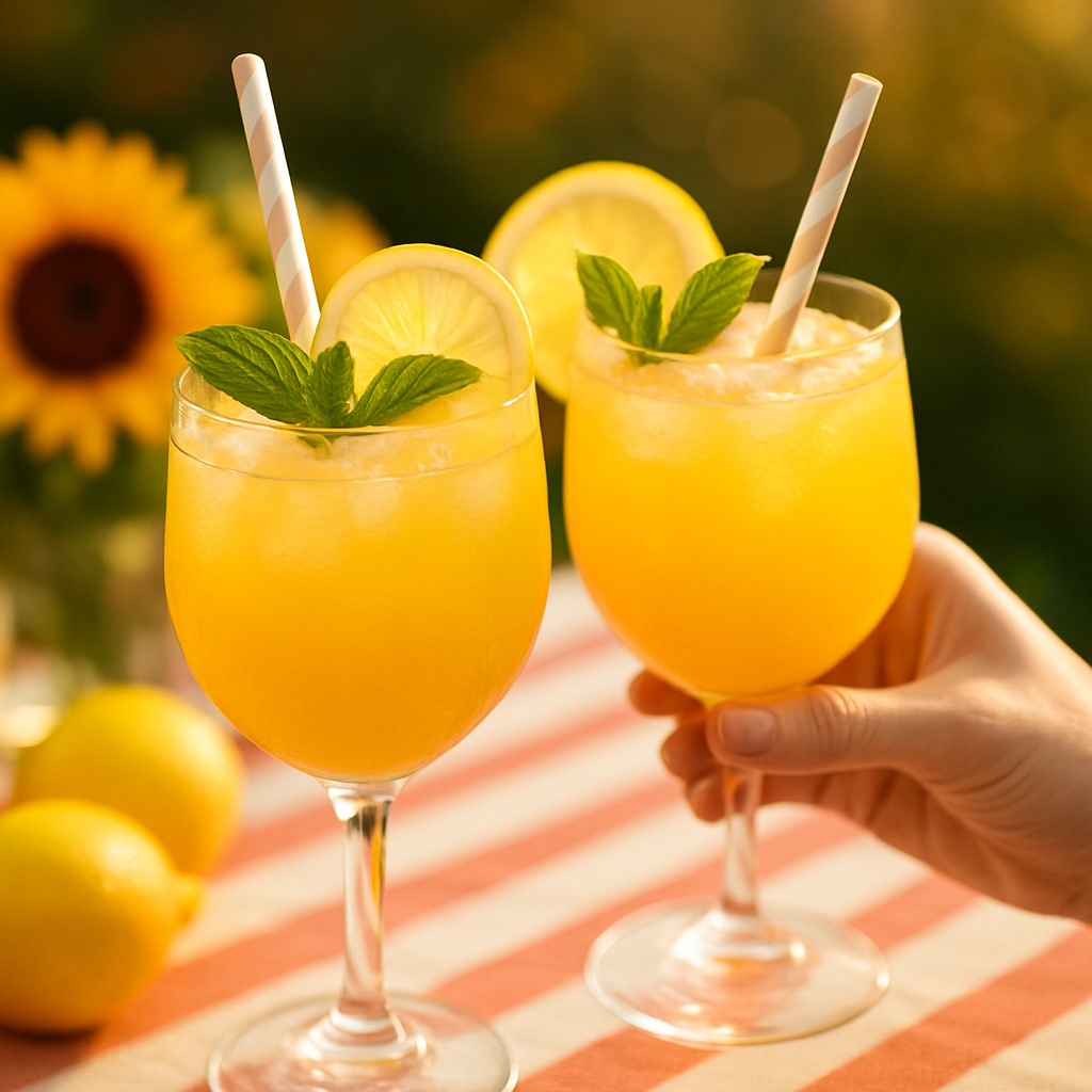 Two fresh citrus cocktails garnished with lemon and mint