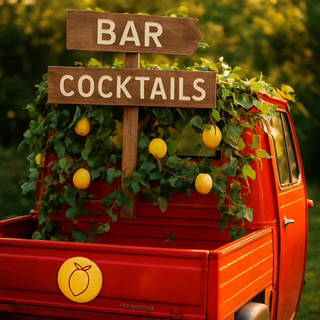 Decorated back of the red Piaggio APE bar with lemons and signpost