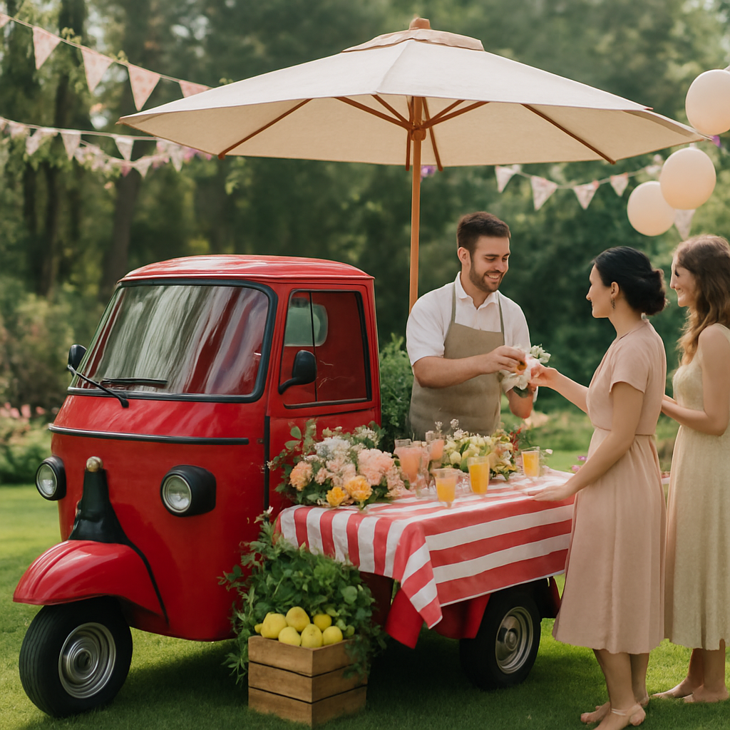 Cocktail Brouwer's red Piaggio APE cocktail bar at a Baby Showers event