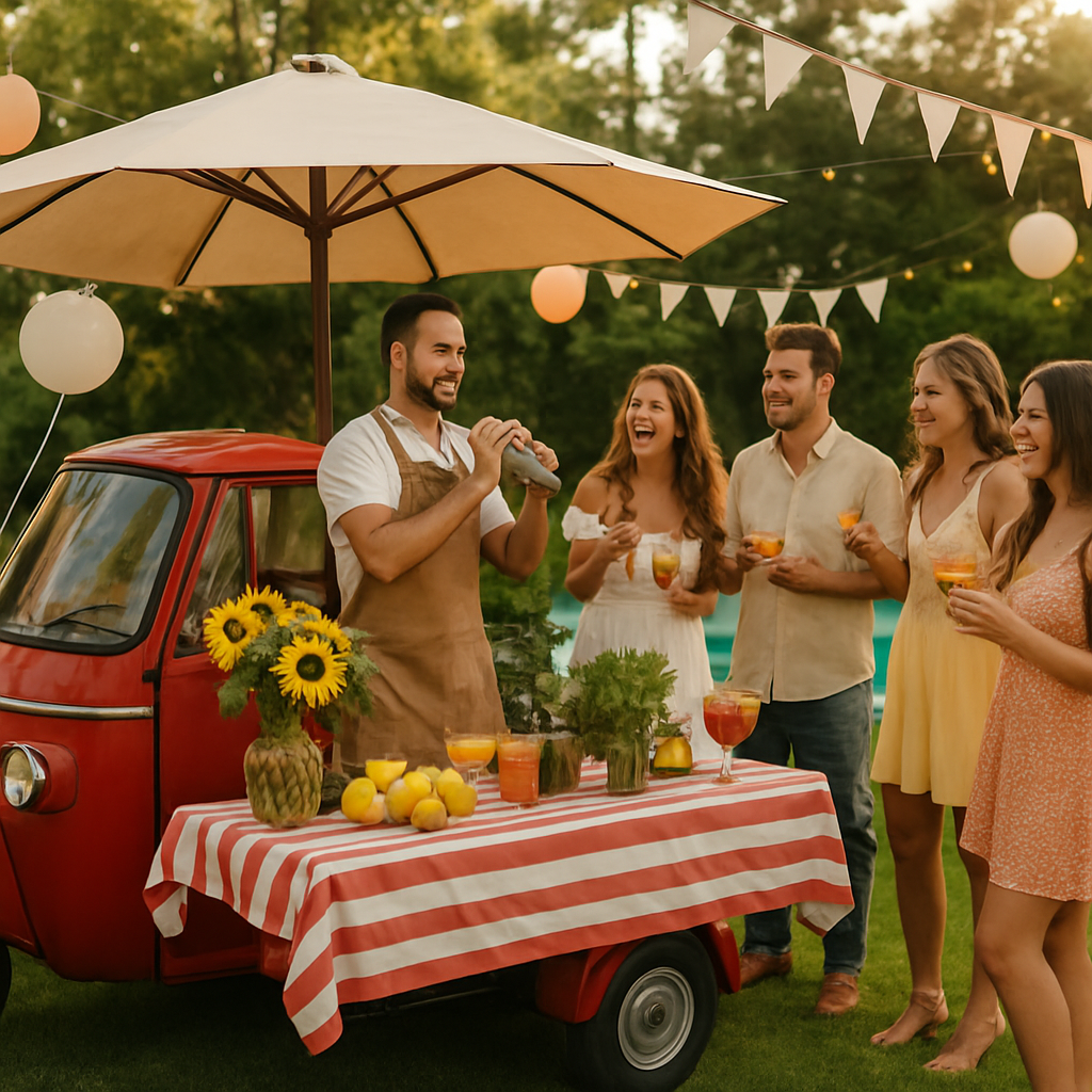 Cocktail Brouwer's red Piaggio APE cocktail bar at a Bachelor & Bachelorette event